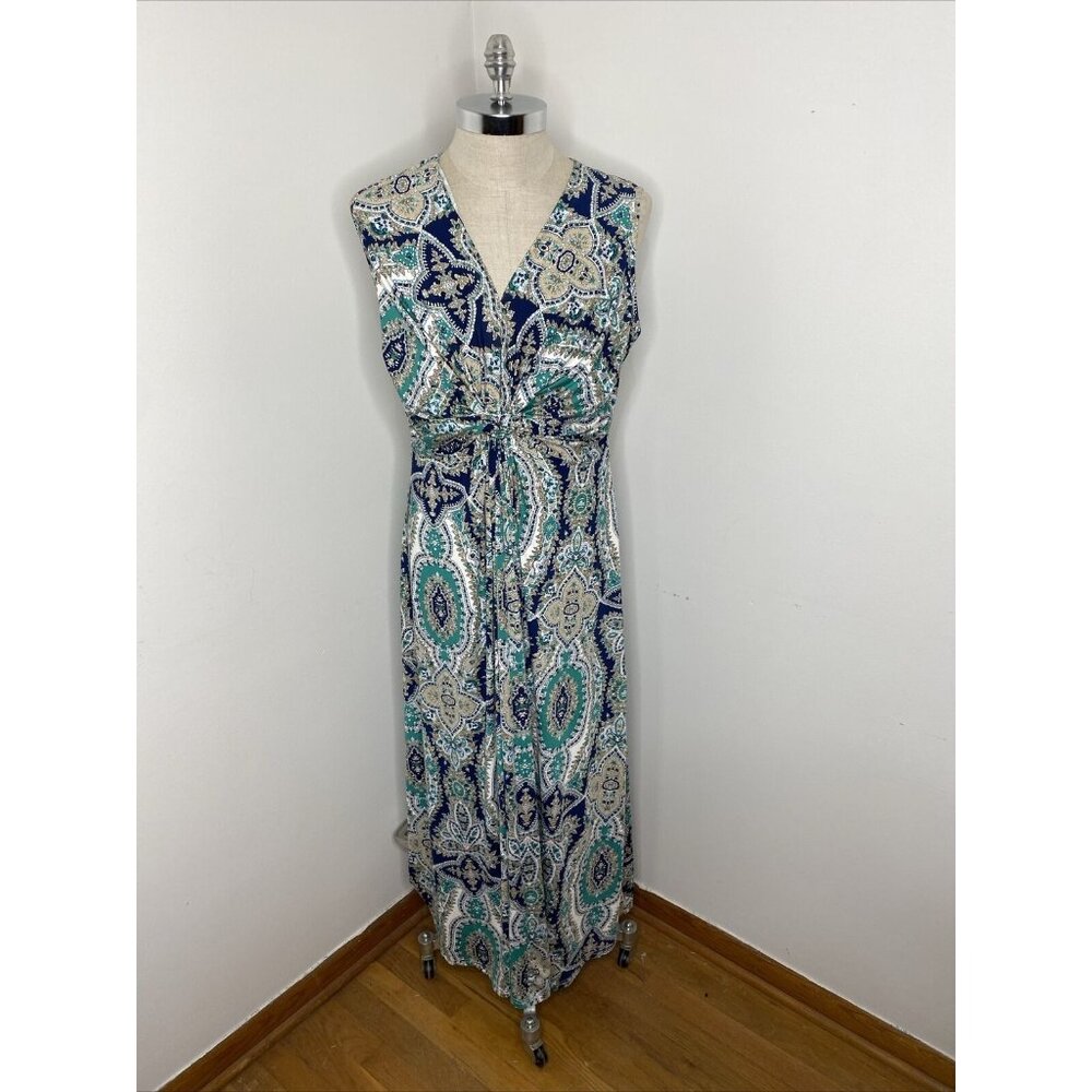 Soft Surroundings Maxi Dress Sz L Blue Green Sleeveless V Nack Ruched Knoted